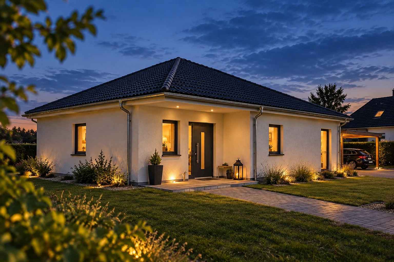 Bungalow von der Eingangsseite in der Abenddämmerung