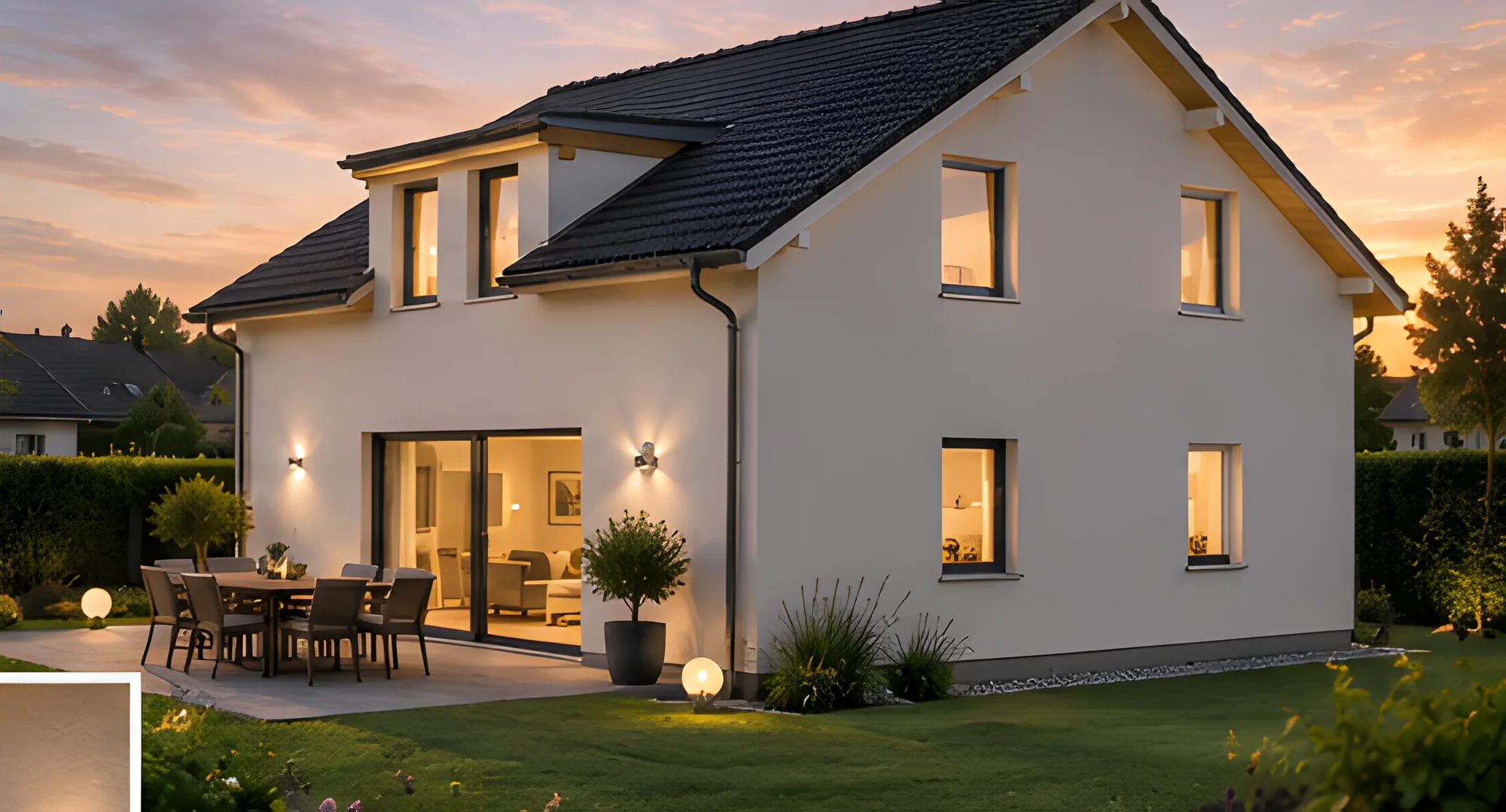 Einfamilienhaus, seitlicher Gartenblick in der Abenddämmerung
