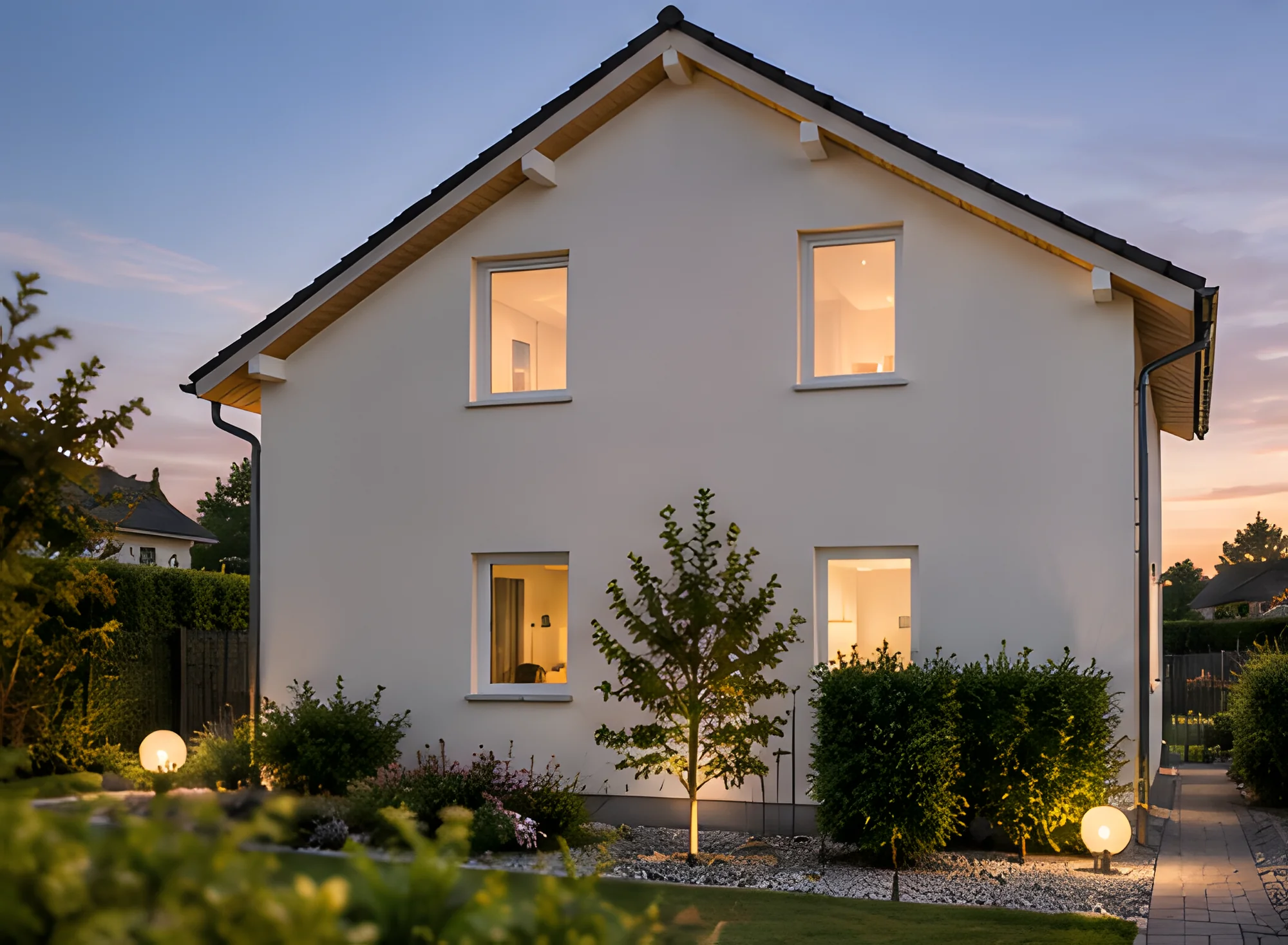 Einfamilienhaus, Giebelansicht in der Abenddämmerung