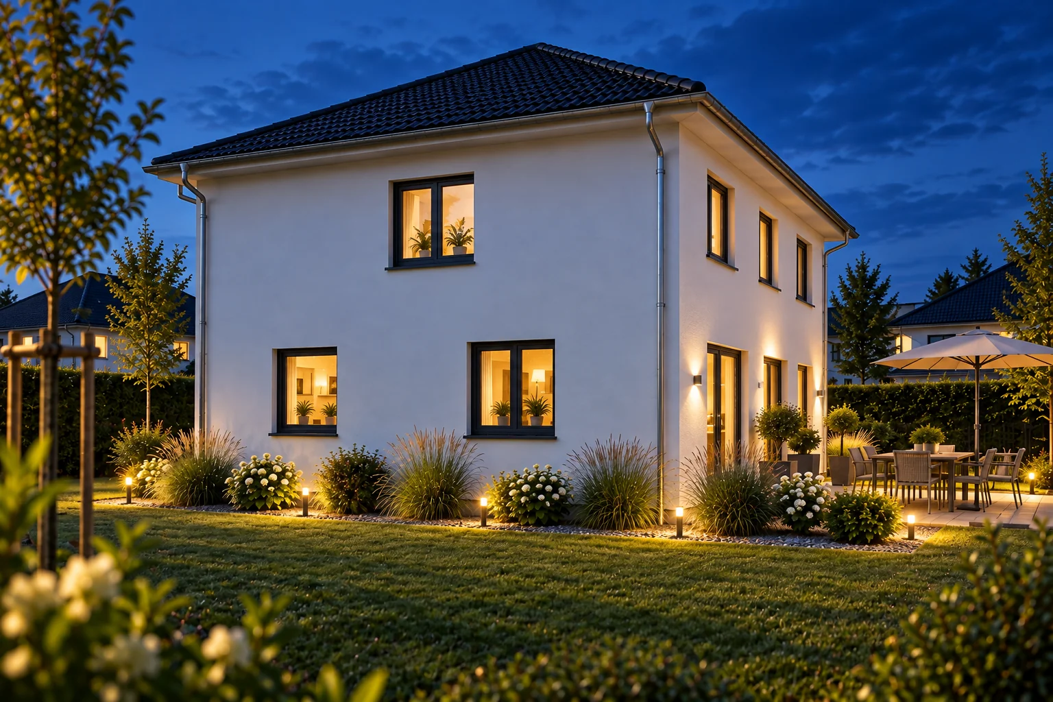 Stadtvilla, Seitenansicht mit Garten in der Abenddämmerung