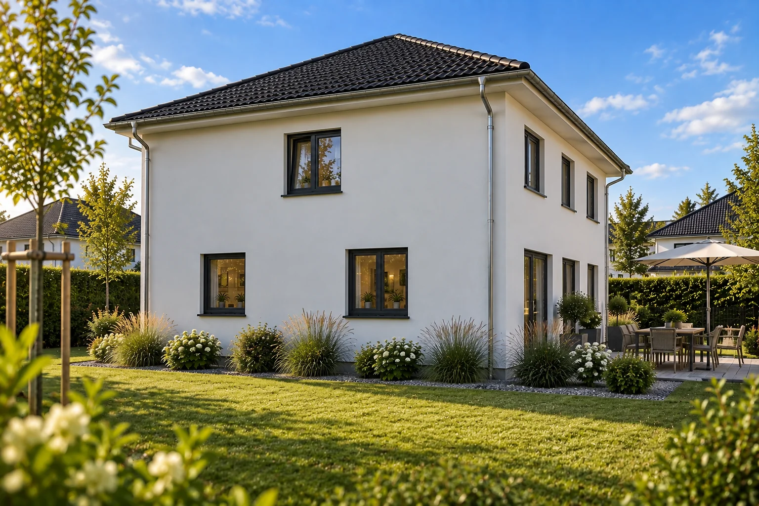 Stadtvilla, Seitenansicht mit Garten bei Tageslicht